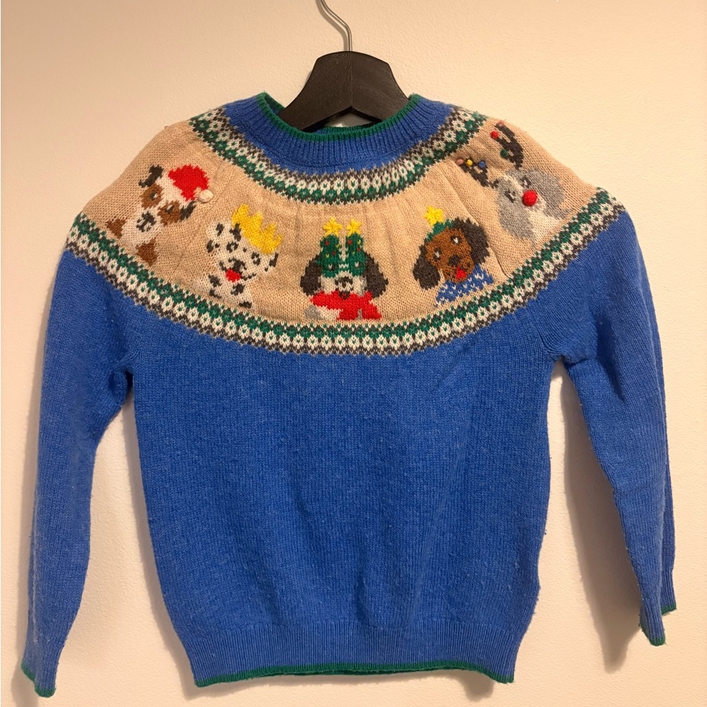 Mini Boden Blue and Tan Sweater with Festive Animal Design
